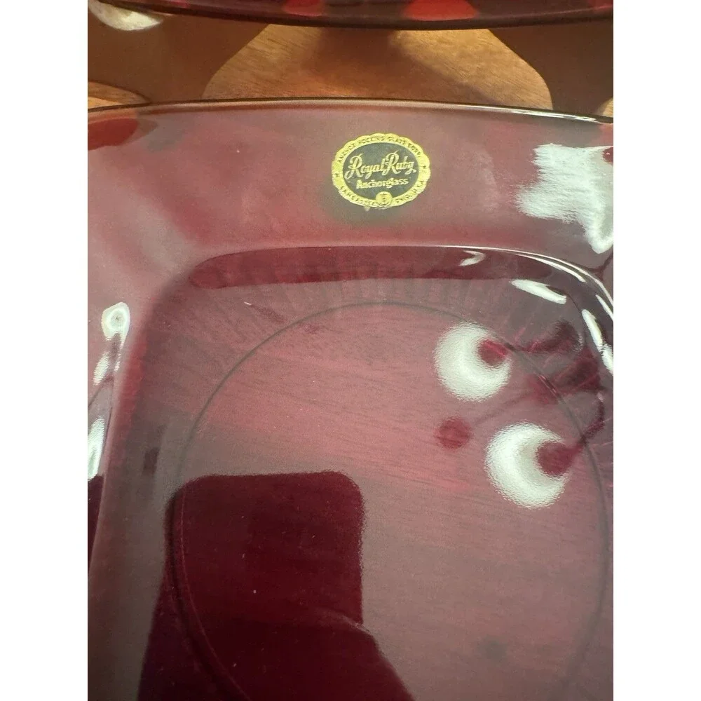 SET OF 2 ANCHOR HOCKING GLASS CHARM RUBY RED SQUARE LUNCHEON PLATES